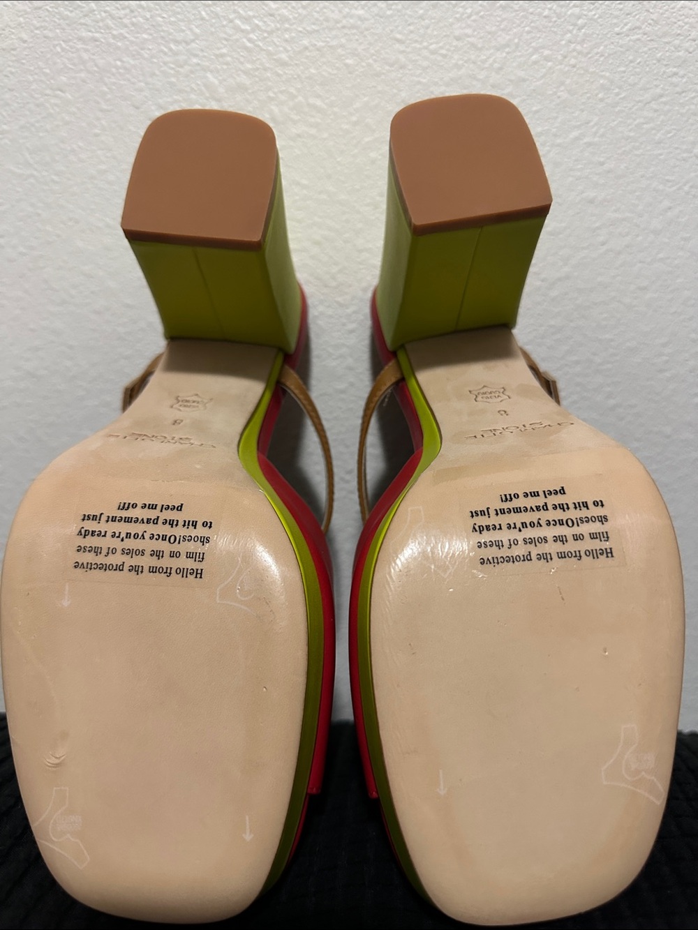 Charlotte Stone Red Open-Toe Slide Sandals with Tan Strap and Green Buckle - Picture 6 of 7